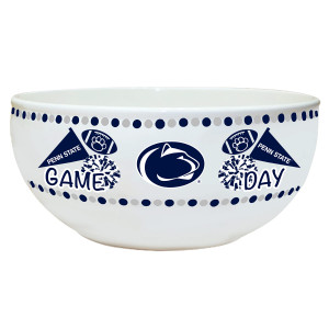white ceramic bowl with Game Day, Penn State pennants, footballs with paw prints, pompoms, and Athletic Logo